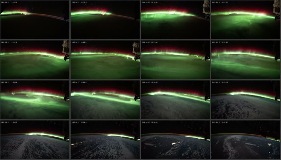 A contact sheet of sixteen frames from the timelapse, the aurora brightest in the middle rows