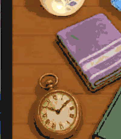 The same detail from ffmpeg and gifsicle: the towel posterized into flat patches, black outlines around the watch and towel, green specks on the dial
